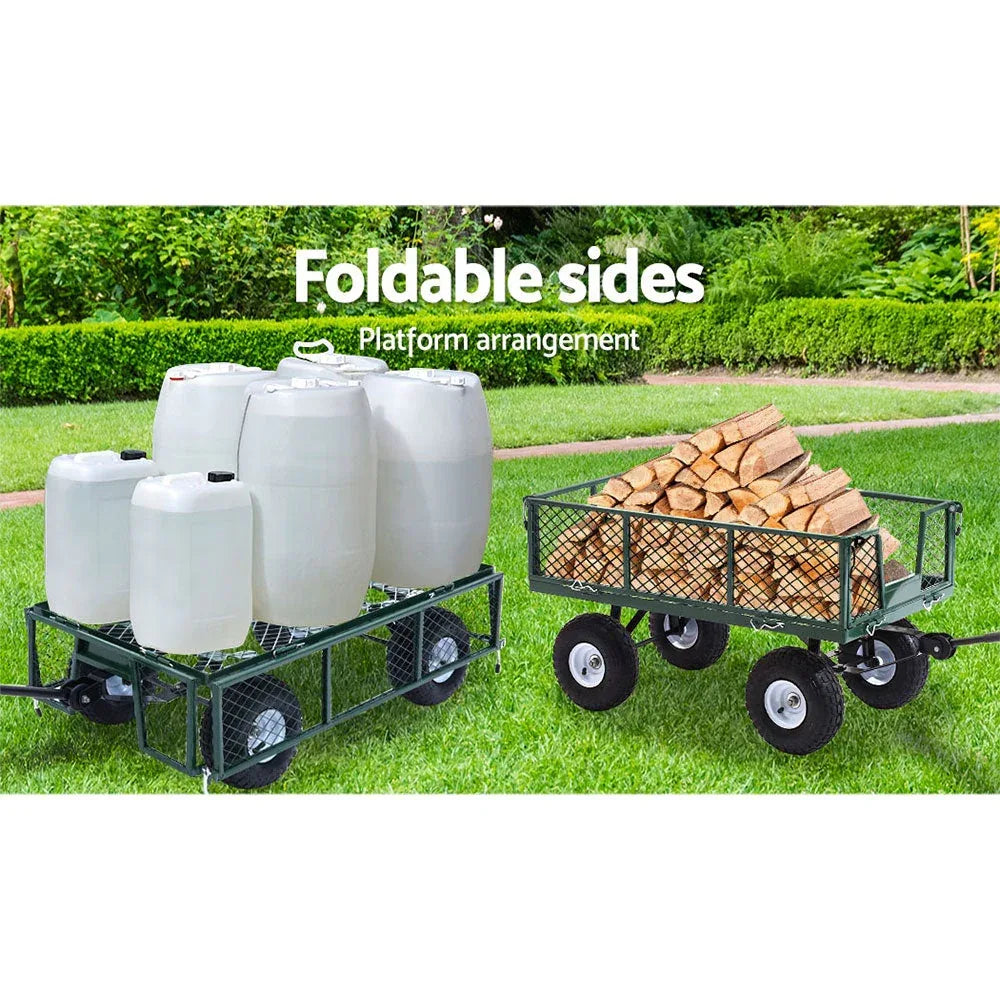 Green garden cart with mesh sides and solid base for heavy loads.