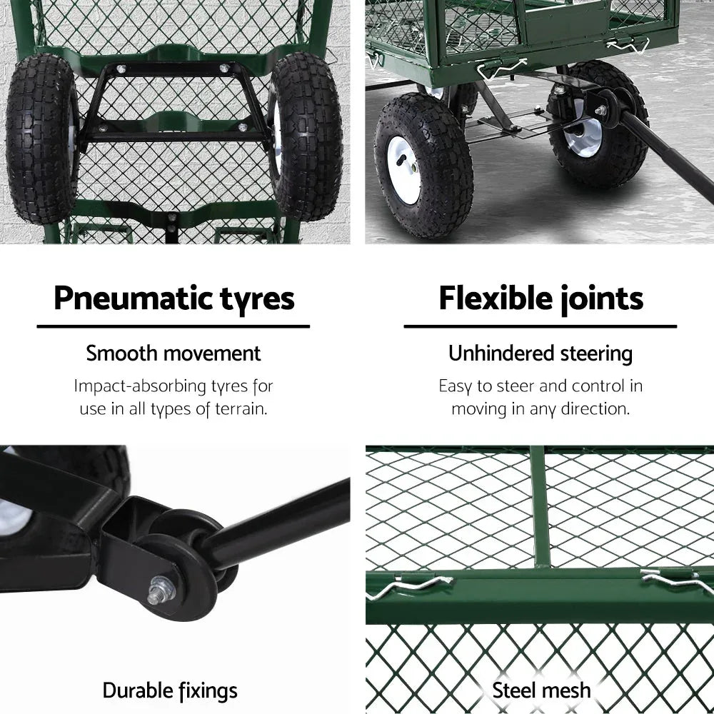 Mesh garden cart in green with handles and towing hitch attachment.