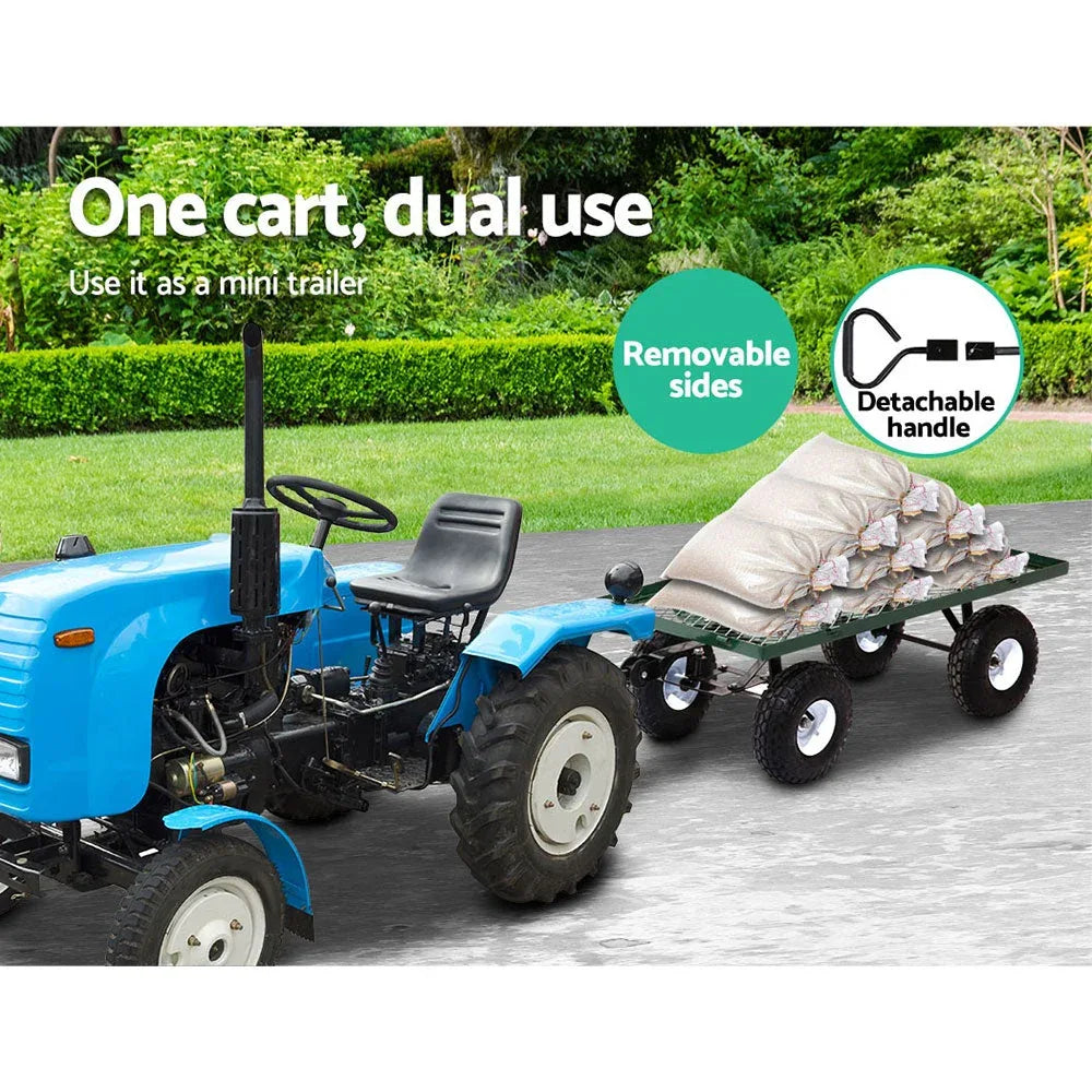 Green steel mesh garden cart loaded with gardening tools and supplies.