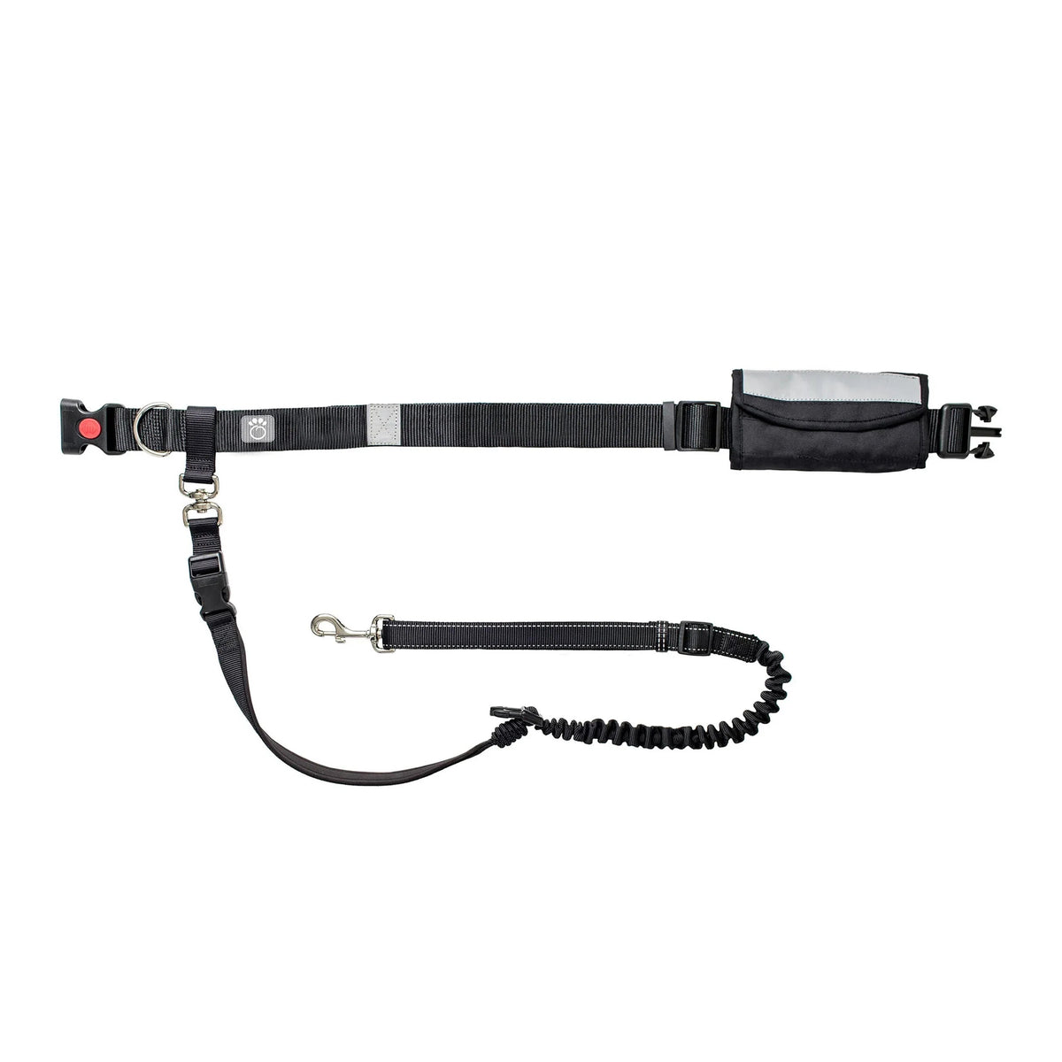 Black waist belt and expandable bungee leash designed for hands-free dog walking and jogging