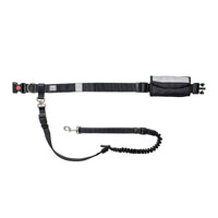 Black waist belt and expandable bungee leash designed for hands-free dog walking and jogging