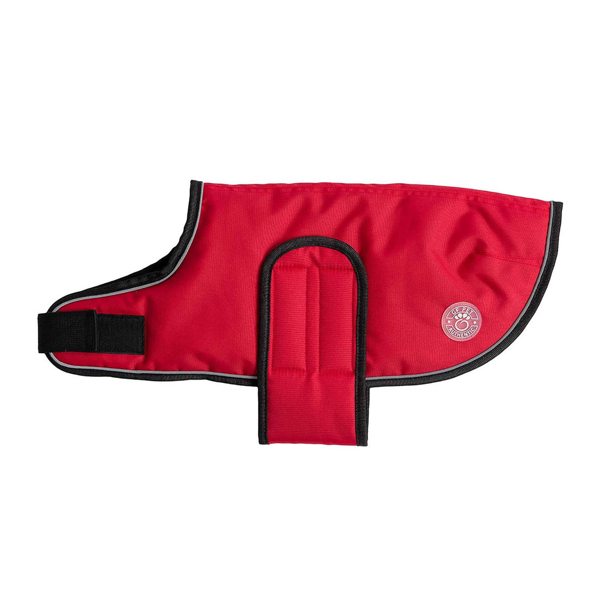 Red waterproof blanket jacket for dogs with reflective piping and polar fleece lining.