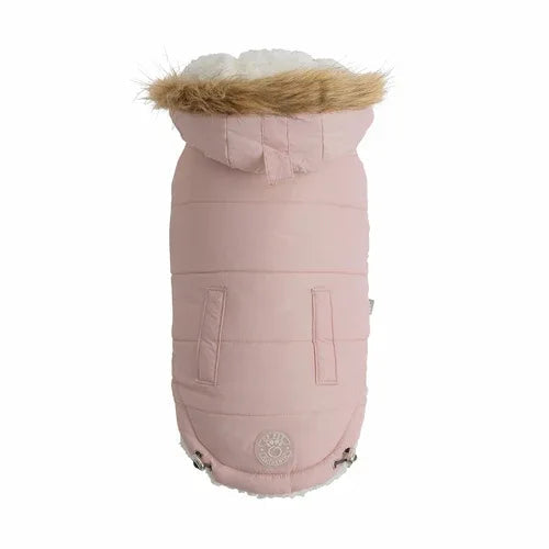 Pink urban parka laid flat to show full design details including hood and lining.