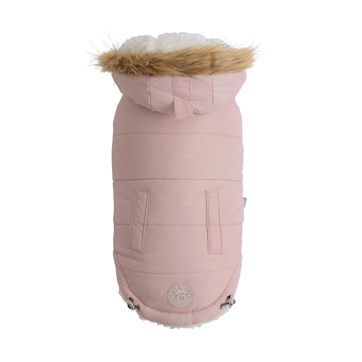 Pink dog parka with faux fur trimmed hood and sherpa lining, displayed on a mannequin.