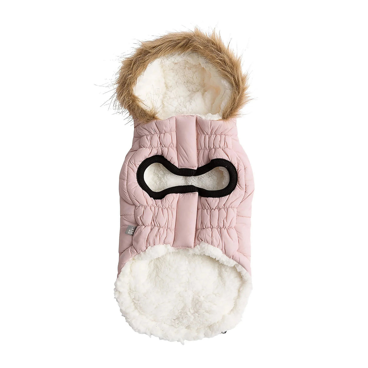 Close-up of the pink urban parka showing the water-resistant nylon fabric and faux pockets.