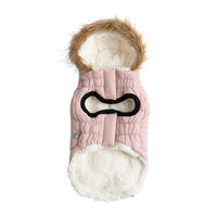 Close-up of the pink urban parka showing the water-resistant nylon fabric and faux pockets.