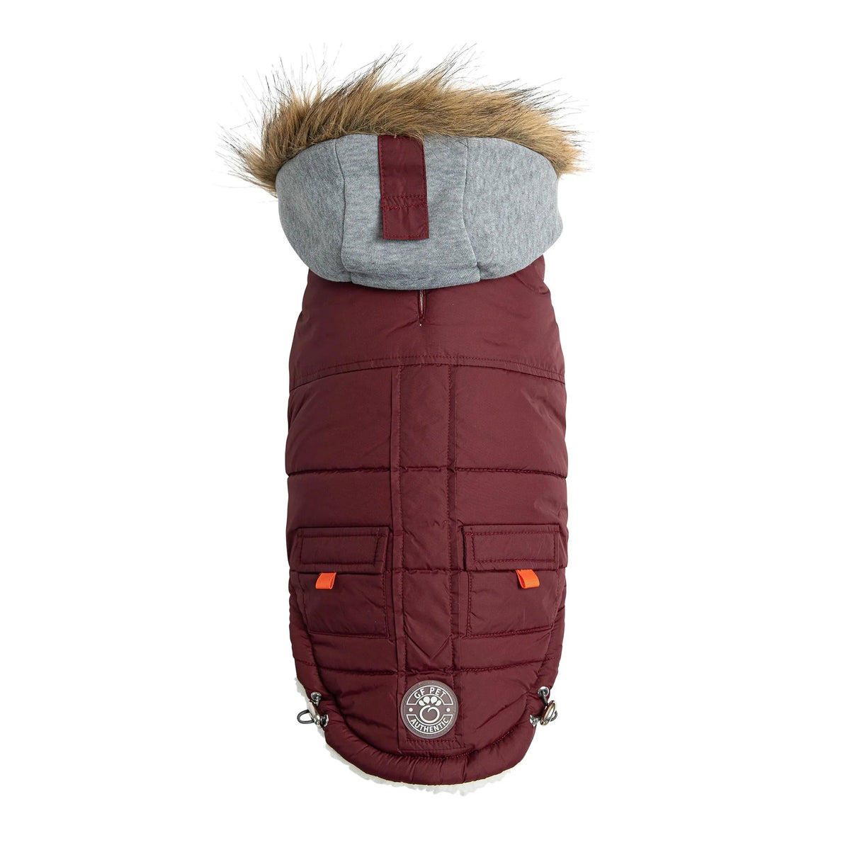 Burgundy Winter Sailor Parka showing faux fur-trimmed hood and faux pockets with contrast tabs.