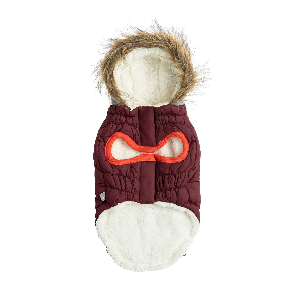 Side view of burgundy parka highlighting water-repellent fabric and popcorn Sherpa fleece lining.