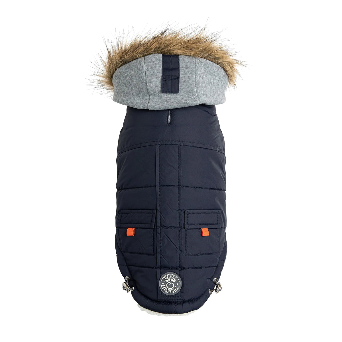 Navy Winter Sailor Parka displayed on a dog mannequin showing vegan fur-trimmed fleece hood and Sherpa lining.