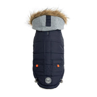 Navy Winter Sailor Parka displayed on a dog mannequin showing vegan fur-trimmed fleece hood and Sherpa lining.