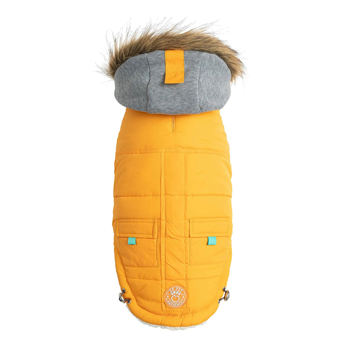 Yellow Winter Sailor Parka with vegan fur-trimmed hood on a small dog, side view