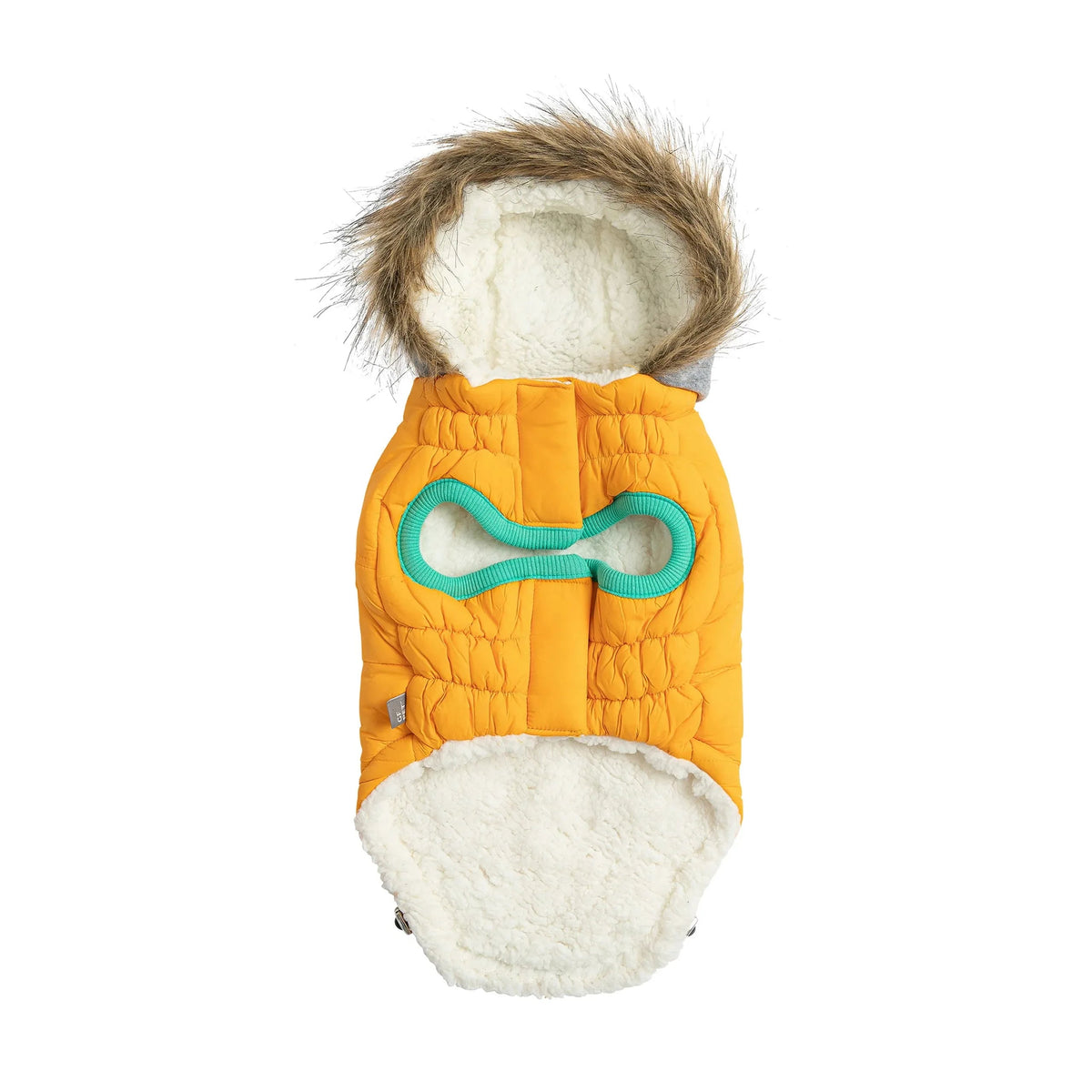 Close-up of yellow parka showing popcorn Sherpa fleece lining and pocket details