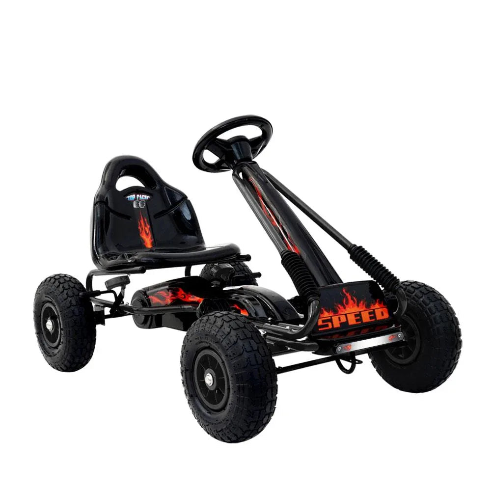Black Rigo Kids Pedal Go Kart Car with racing design and rubber tires, shown from front angle