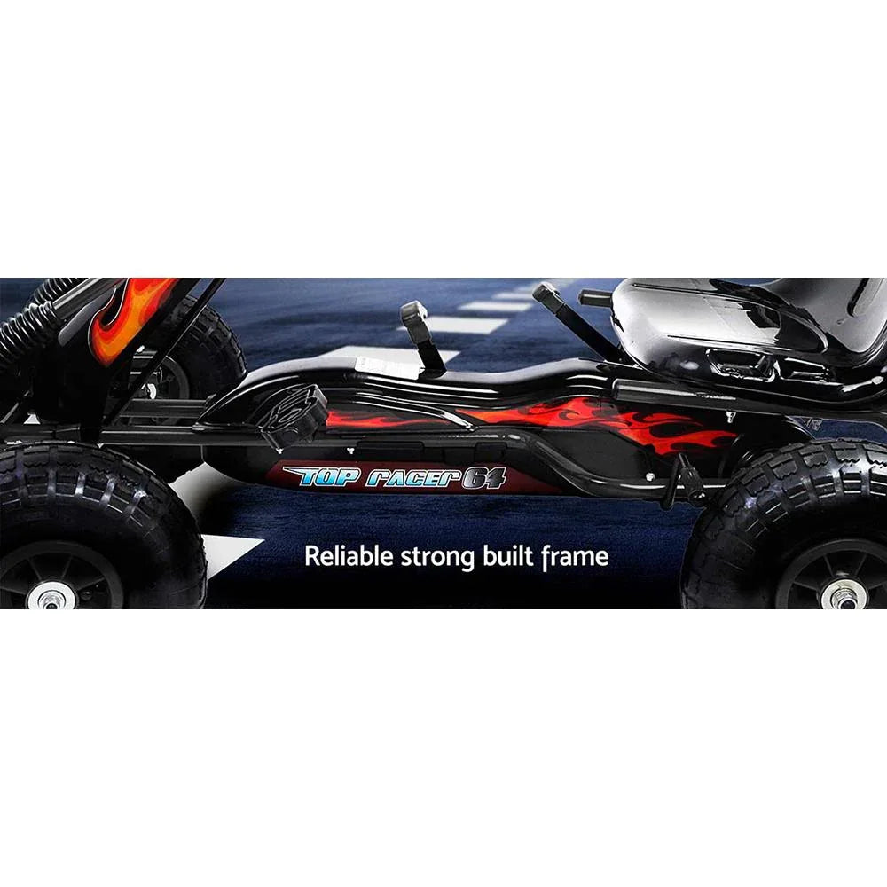 Close-up of fully covered bike chain and shock absorption rubber tire on go kart