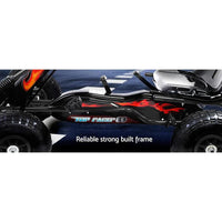 Close-up of fully covered bike chain and shock absorption rubber tire on go kart