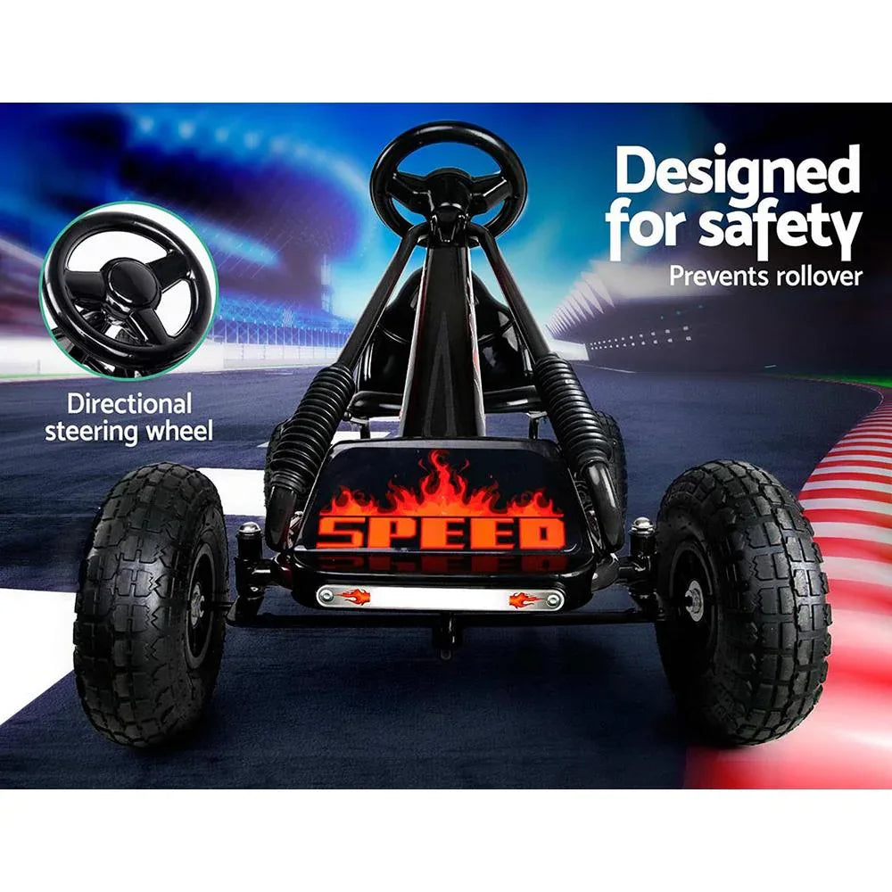 Top view showing directional steering wheel and seating area of kids pedal go kart