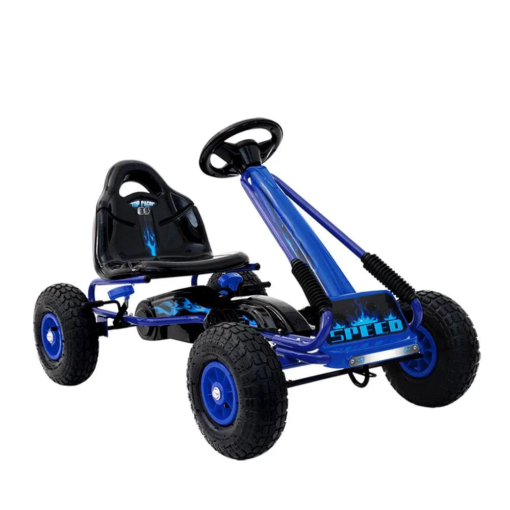 Blue Rigo Kids Pedal Go Kart Car with rubber tires on white background, side view.