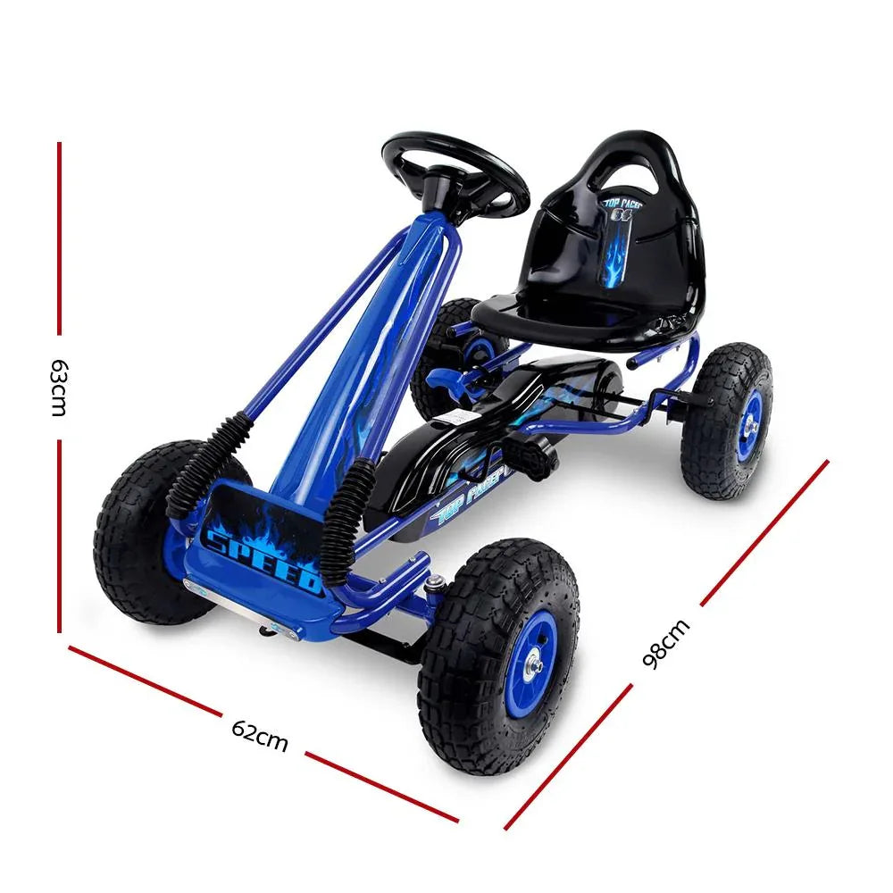Front angle of blue pedal go kart showing steering wheel and seat.