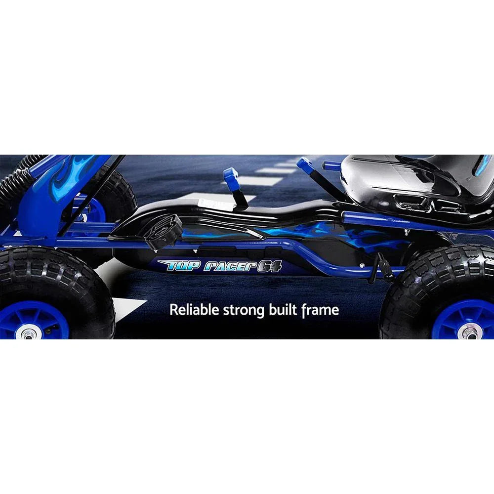 Close-up of pedals and chain cover on blue kids go kart.