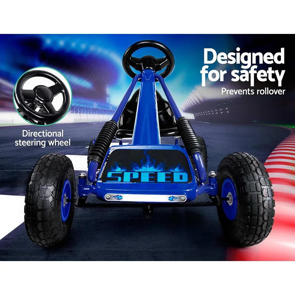 Side view of blue kids go kart highlighting large shock absorption tires.