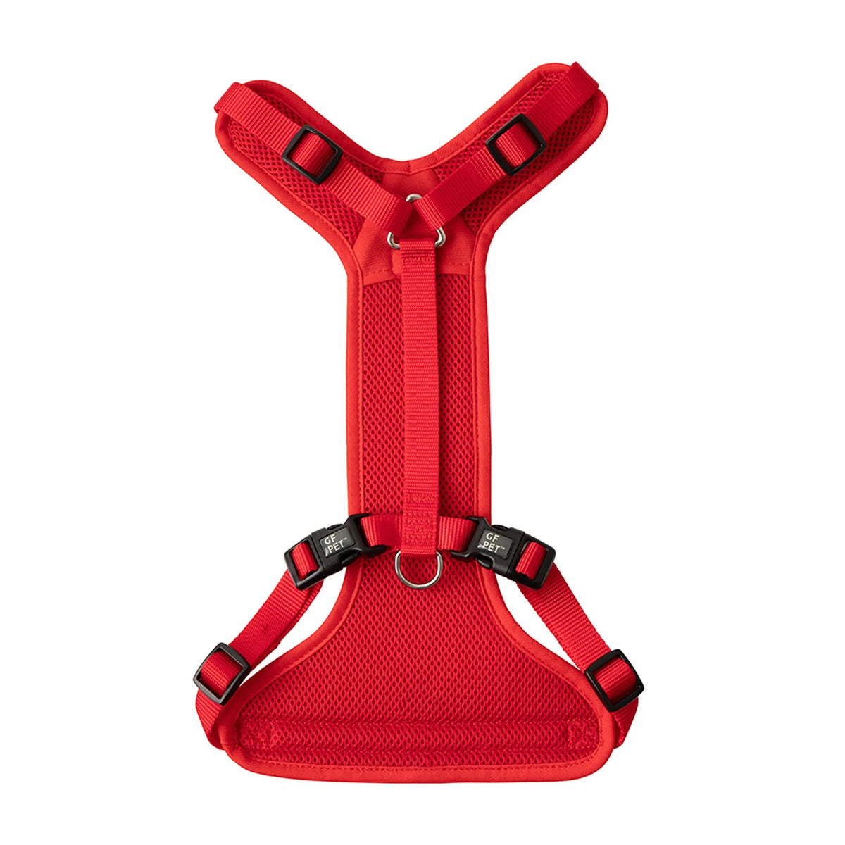 Red GF PET travel harness with reflective details and back loop for seat belt attachment.