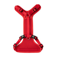 Red GF PET travel harness laid flat showing reflective details and back loop with d-ring.
