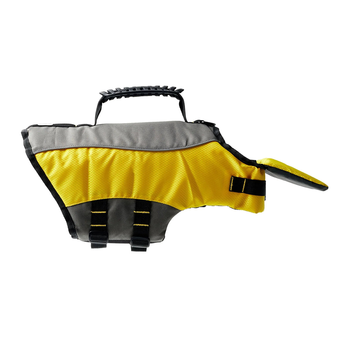 Yellow dog life vest with adjustable straps and reflective details shown flat on white background.