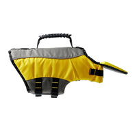 Yellow dog life vest with adjustable straps and reflective details shown flat on white background.