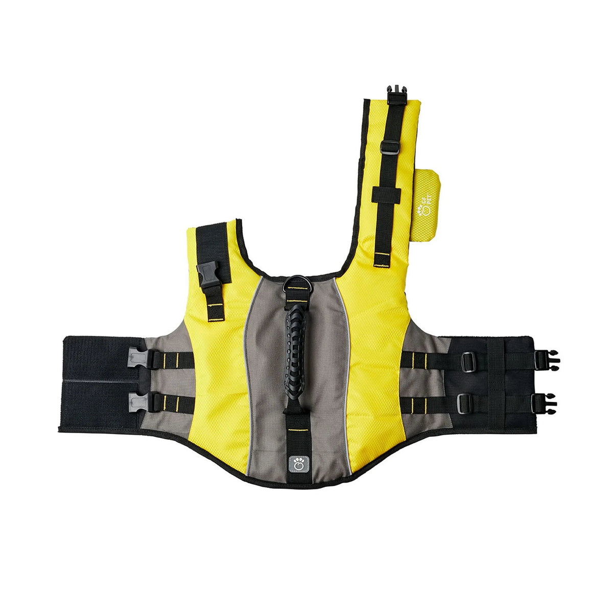 Close-up of yellow dog life jacket buckle and adjustable strap with reflective strip detail.