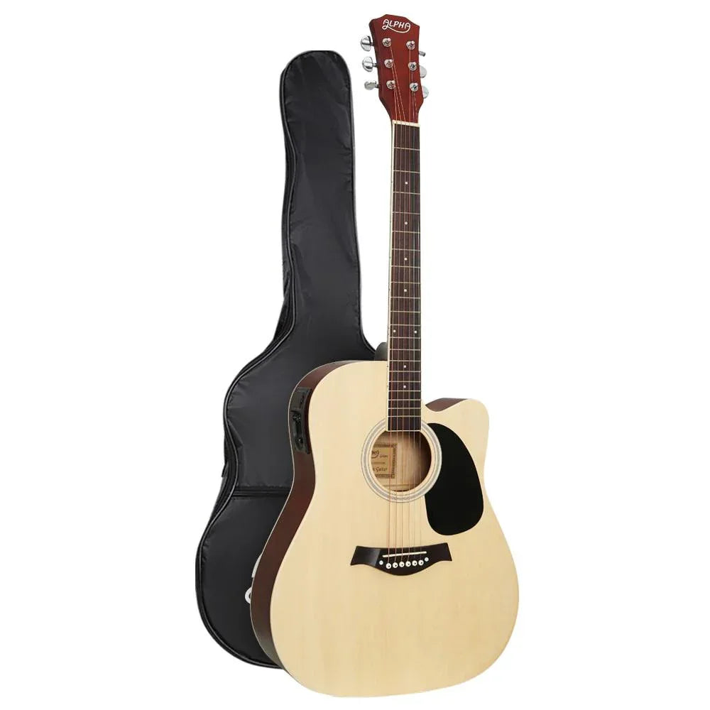 Front view of 41-inch electric acoustic guitar with natural wood finish, showing body and soundhole.