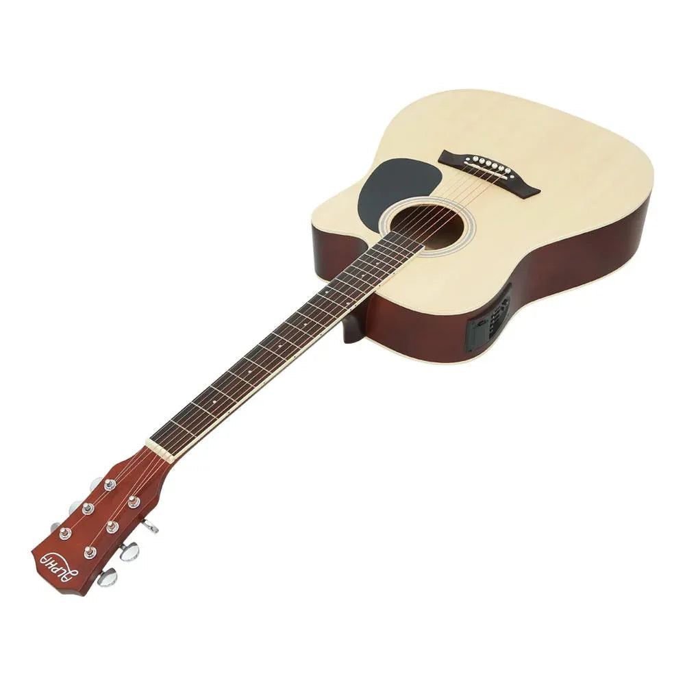 Side angle of electric acoustic guitar showcasing its cutaway design and wooden finish.