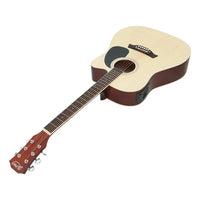 Side angle of electric acoustic guitar showcasing its cutaway design and wooden finish.