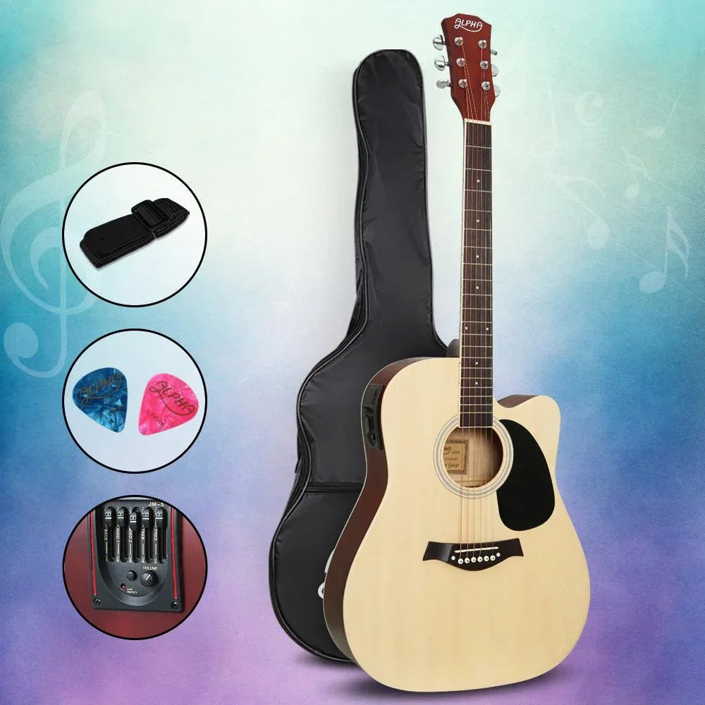 Electric acoustic guitar standing upright on stand against plain white background.