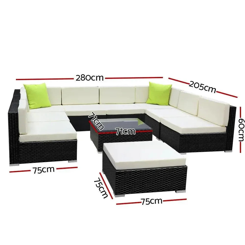 Side view of Gardeon outdoor sofa set showing woven wicker and padded seats