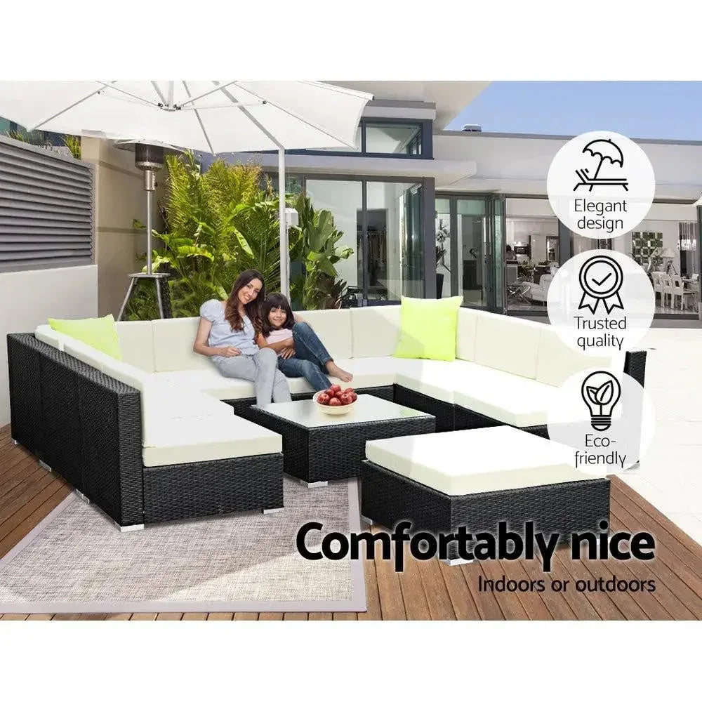 Outdoor wicker sectional sofa set with plush cushions arranged for seating