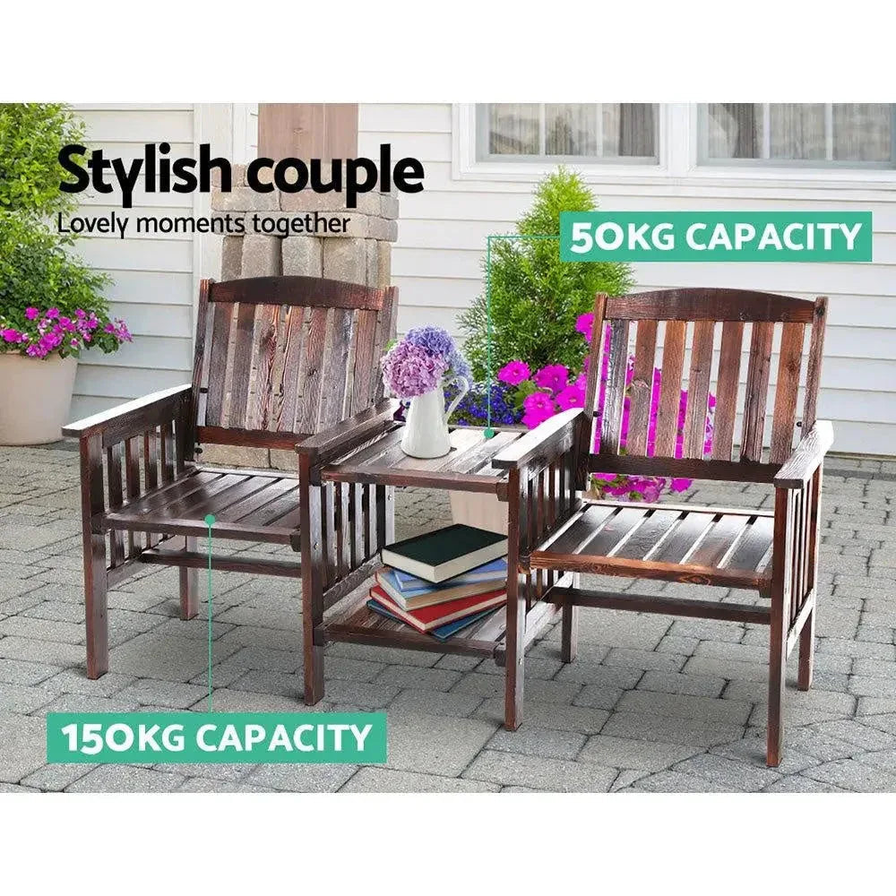 Front view of wooden garden bench loveseat featuring two seats and double-deck table.