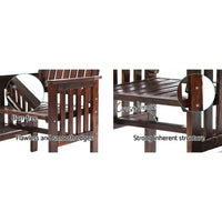 Side angle of handcrafted wooden outdoor loveseat with charcoal brown finish and integrated table.