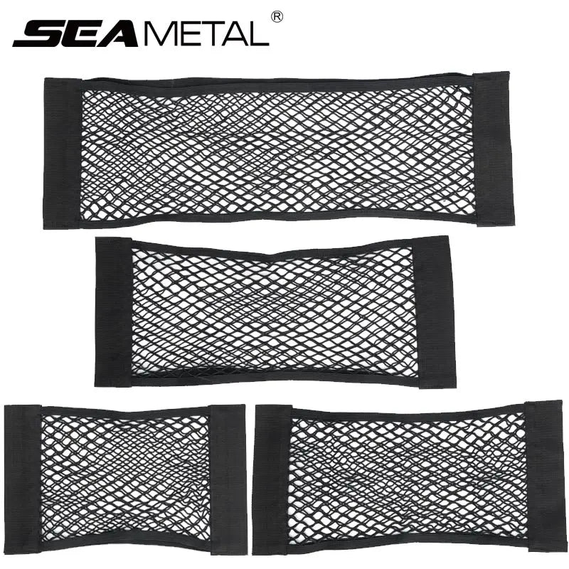 Black car trunk storage bag with multiple compartments and elastic strings holding items securely.