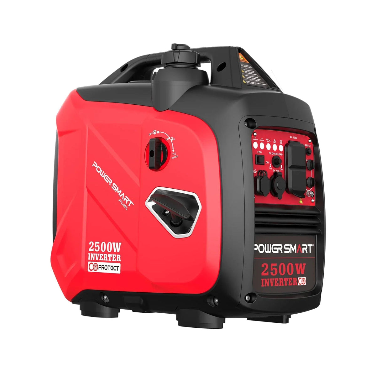 Compact 2500W inverter gas generator in black with orange accents on a white background.