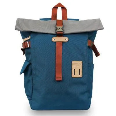 Blue rolltop backpack with padded shoulder straps and front zippered pocket on white background.