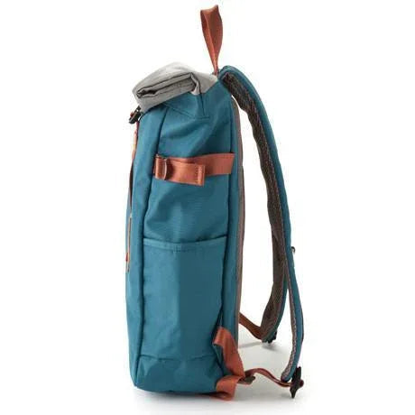 Blue rolltop backpack open showing organized compartments and red interior lining.