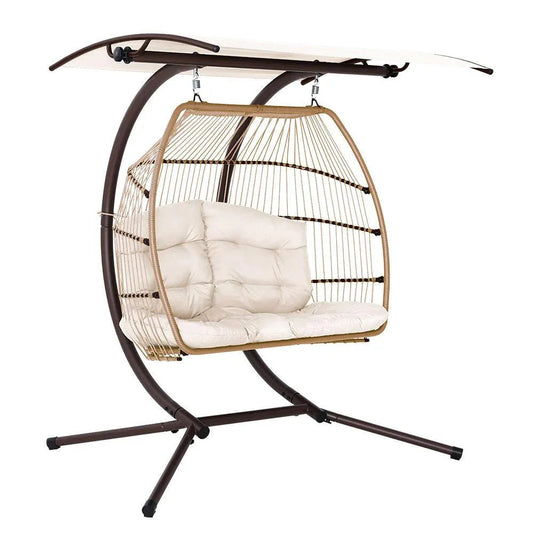 Gardeon hanging egg chair with broad adjustable canopy on steel frame in outdoor garden setting.