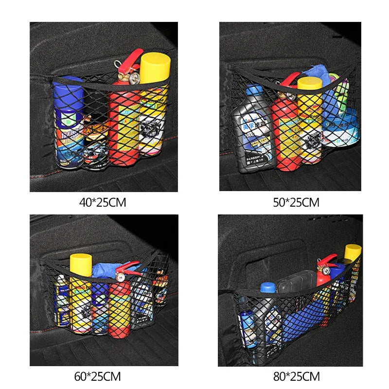 Black nylon mesh net stretched with elastic bands inside an automobile trunk organizer.