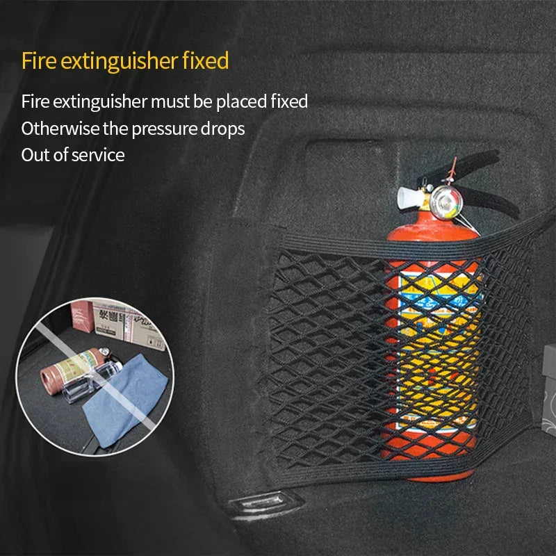 Close-up of nylon mesh netting material with sealed edges for car trunk storage bag.