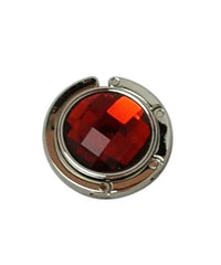 Red handbag hanger unfolded highlighting shiny rhinestone embellishment.