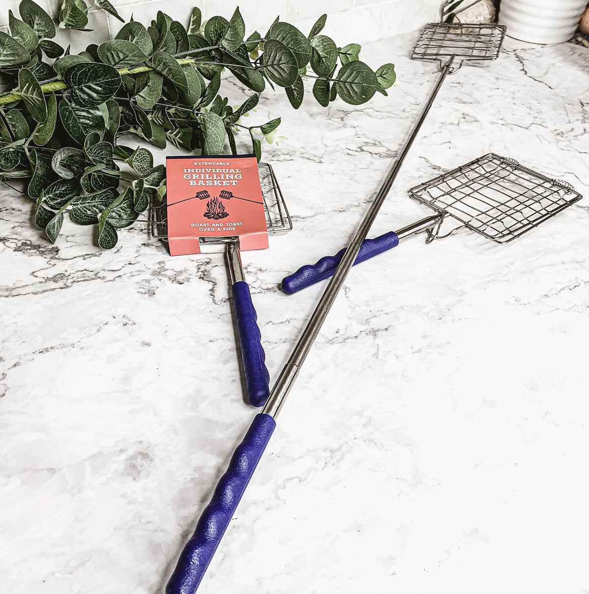 Grilling Basket with extendable handle for safe distance from open flame