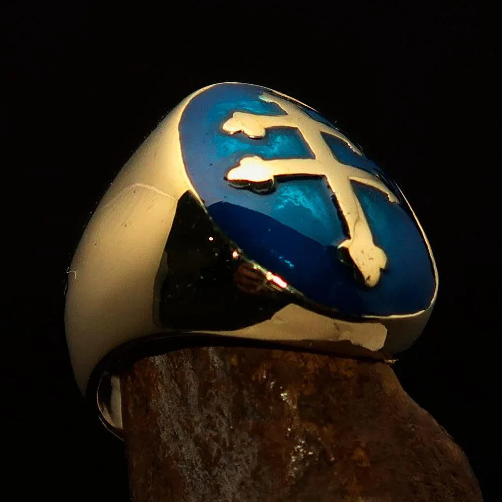 Detailed side profile of men's blue Cross Lorraine ring in polished solid brass.