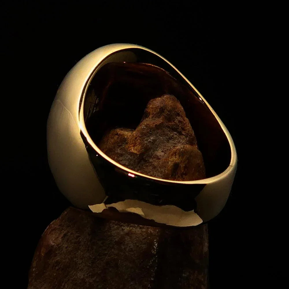 Close-up of solid back of men's blue Cross Lorraine ring highlighting craftsmanship.