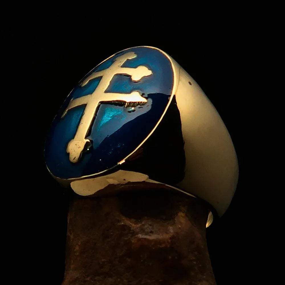 Top view of solid brass men's ring featuring blue Cross Lorraine with glossy enamel finish.