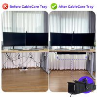 CableCare Tray mounted under desk with cables neatly organized within the black tray.
